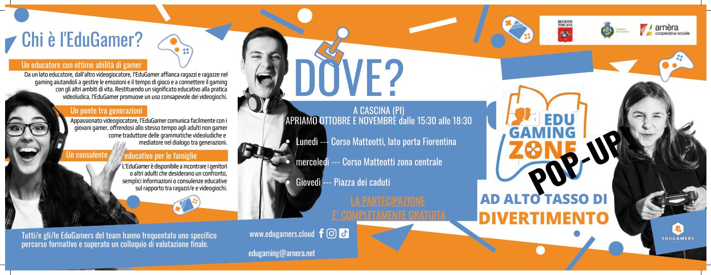 Volantino della EduGaming Zone pop-up di Cascina
