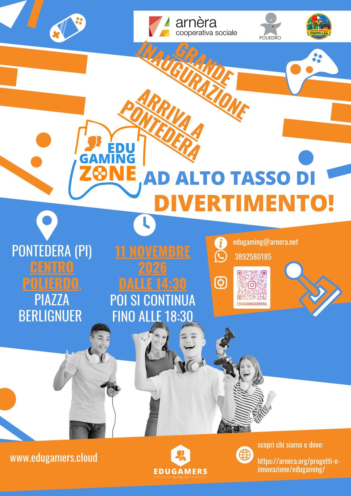 Locandina dell’inaugurazione della EduGaming Zone di Pontedera: 11 novembre 2026 dalle 14:30 al Centro Poliedro